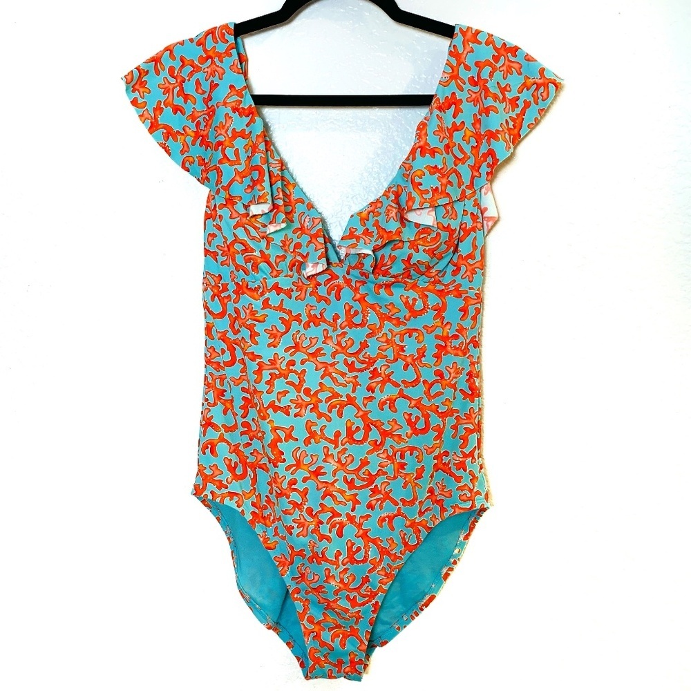 Tommy Bahama Swimsuit Womens Size 10 One Piece Turquoise Blue Coral Print Beach